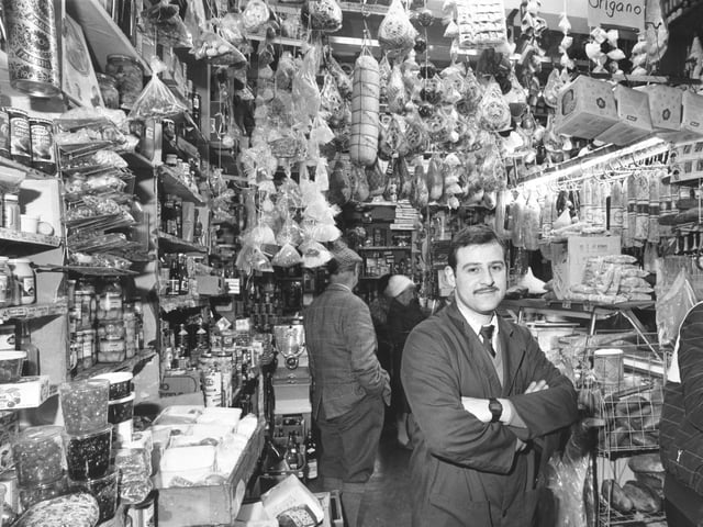 Philip Contini inside the Italian delicatessen Valvona & Crolla in Edinburgh, 1983