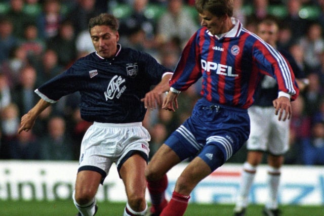 Raith Rovers' Jim McInally, left, battles for the ball with Bayern Munich's Dietmar Hamann in October 1995's UEFA Cup Winners' Cup second round game at Easter Road in Edinburgh. Photo: SNS Group