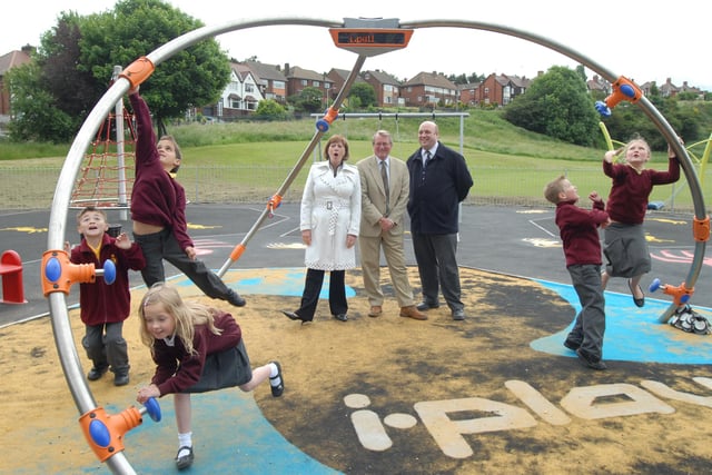 Councillors Kate Allsop, Eddie Smith and Andrew Tristram watch as pupils of King Edward Primary School, enjoyed the new play equipment at the Spider Parl Play Area in 2008