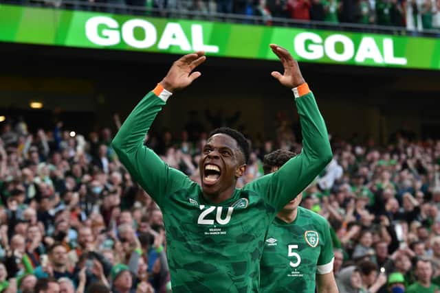 Chiedozie Ogbene of Republic Of Ireland celebrates after scoring their team's first goal during the International Friendly match between Republic of Ireland and Belgium at Aviva Stadium: Charles McQuillan/Getty Images