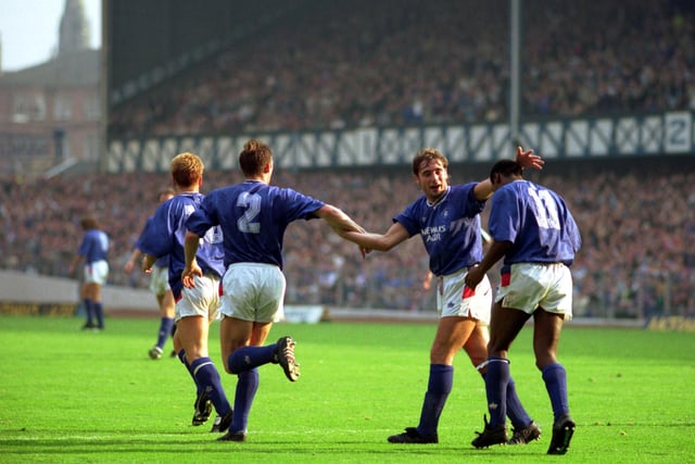 Rangers celebrate during a Rangers v St Mirren football match at Ibrox in October 1990. Final score 5-0 to Rangers.