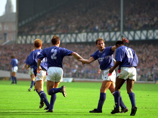 Rangers celebrate during a Rangers v St Mirren football match at Ibrox in October 1990. Final score 5-0 to Rangers.