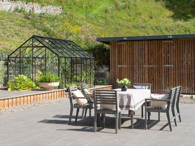 Patio area and greenhouse.