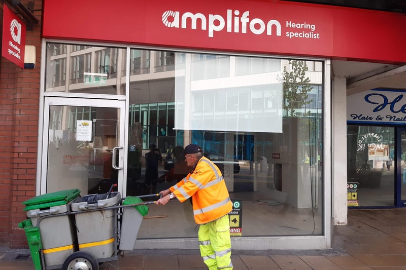 Amplifon is in a row of closed shops on Pinstone Street.
