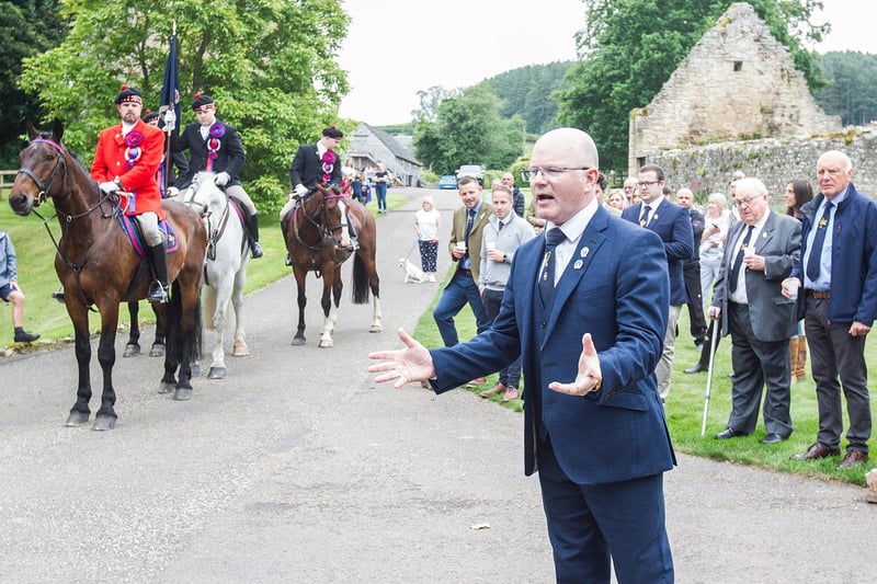 2013/2015 Jethart Herald Allan Learmonth delivers the reprisal at Ferniehirst Castle. (Photo: BILL MCBURNIE)