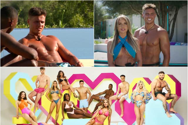 Amble's Brad McClelland on Love Island and paired with Faye Winter. Below, the original Love Island contestants, from left, Sharon Gaffka, Hugo Hammond, Chloe Burrows, Shannon Singh (now evicted), Kaz Kamwi, Brad McClelland, Faye Winter, Aaron Francis, Toby Amolaran, Liberty Poole and Jake Cornish.