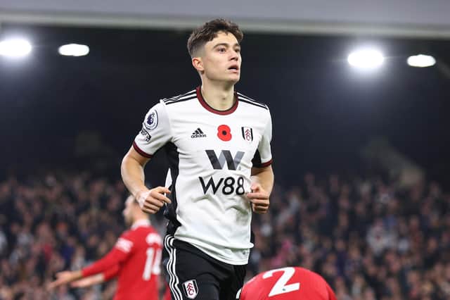 LONDON, ENGLAND - NOVEMBER 13: Daniel James of Fulham celebrates scoring their side's first goal during the Premier League match between Fulham FC and Manchester United at Craven Cottage on November 13, 2022 in London, England. (Photo by Clive Rose/Getty Images)