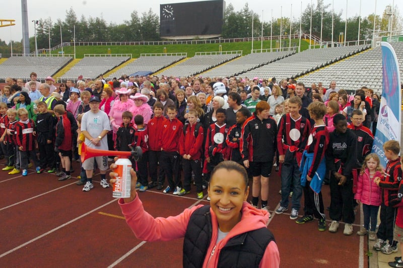 Jessica Ennis gets ready to set the walkers off at the Weston Park Hospital 5k 'Walk as One' beginning at the now demolished Don Valley Stadium, October 2010