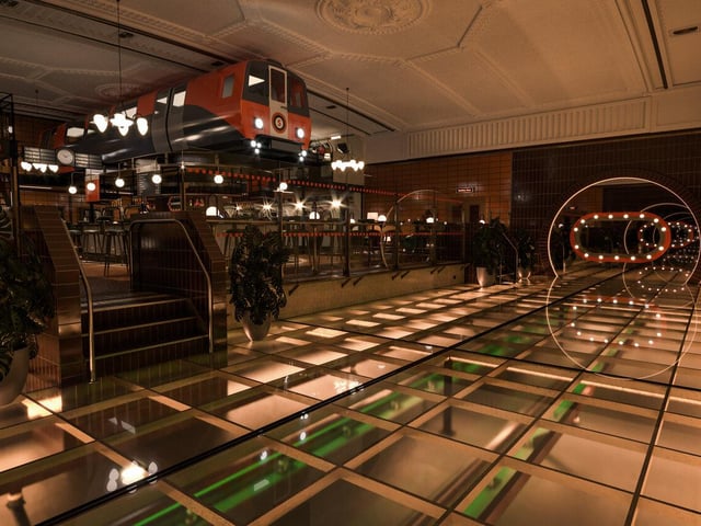 The dance floor has a light up tunnel and is reminiscent of the Subway tracks.