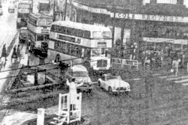 Buses at the junction of Church Street, High Street and Fargate, in Sheffield city centre, in 1961