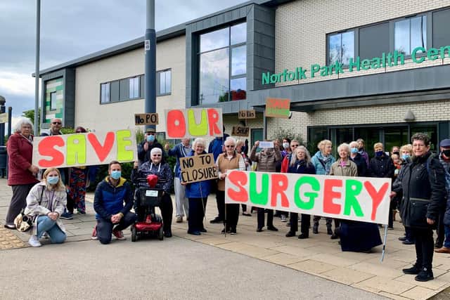 Protestors outside the Norfolk Park Medical Practice which is threatened with closure.
