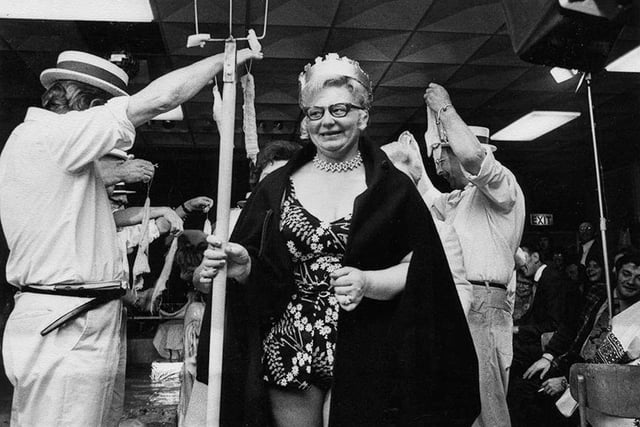 Tripe Queen Audrey Beighton is crowned at Sheffield Companion's Club in 1975