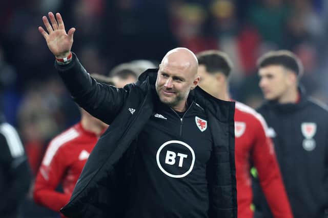 Former Sheffield United defender Rob Page, manager of Wales, acknowledges the fans as he celebrates their side's progression in the World Cup qualifying campaign after the 2022 FIFA World Cup Qualifier match between Wales and Belgium (Photo by Catherine Ivill/Getty Images)