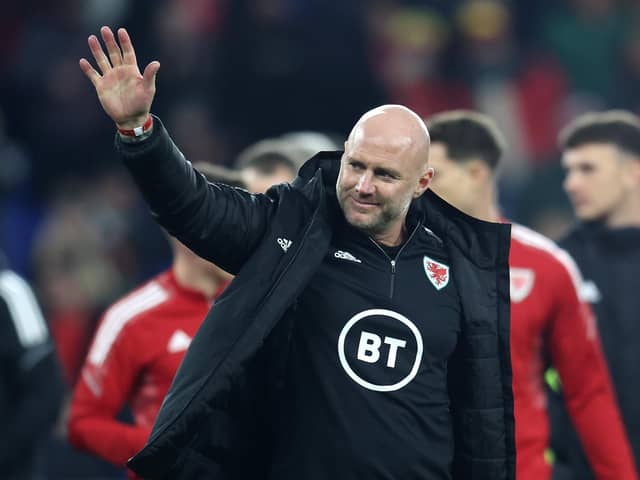 Former Sheffield United defender Rob Page, manager of Wales, acknowledges the fans as he celebrates their side's progression in the World Cup qualifying campaign after the 2022 FIFA World Cup Qualifier match between Wales and Belgium (Photo by Catherine Ivill/Getty Images)