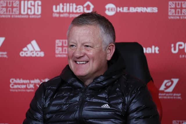 Chris Wilder speaking during one of Sheffield United's pre-match media conferences: Simon Bellis/Sportimage
