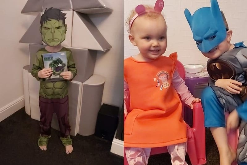 Malcolm, aged 5, as Batman and The Hulk as he couldn't decide and Minnie, 17 months, Peppa Pig.