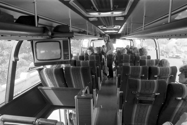 Interior of a Stagecoach bus, showing the television screen, September 1983.