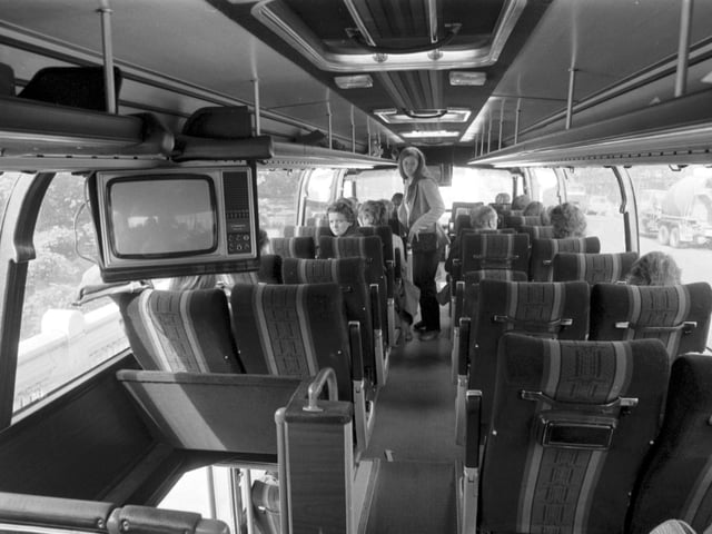 Interior of a Stagecoach bus, showing the television screen, September 1983.