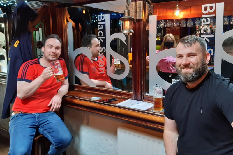 Scott Doherty and Glenn Robson enjoying a pint at The Black Swan.