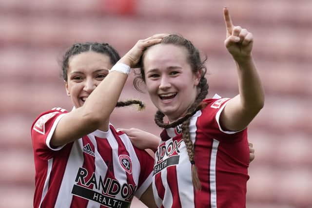 Lucy Watson celebrates Sheffield United's winning goal in their 2-1 win over London City Lionesses.