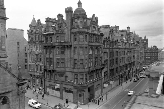 The exterior of Grants department store at the corner of North Bridge and the High Street Edinburgh, closed and with the windows soaped-over in May 1983.
