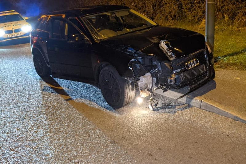 Bolsover, March 26.
The drunk motorist behind the wheel of this mangled vehicle was still driving it when they were pulled over. 
Police tweeted: "Words fail us. Driver arrested who is also wanted on warrant by @syptweet for harassment."