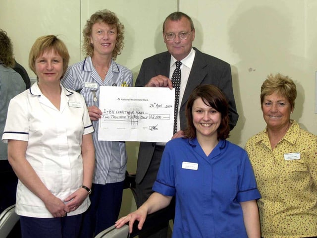 In 2004 a donation of £2000 was made by the Alverley Inn, Balby, for the cardiac rehabilitation programmes at Doncaster Royal Infirmary and Montagu Hospital. Pictured (from left) are: Ann Naylor, Cardiac Rehabilitation Physiotherapist; Michelle Barrett, Cardiac Rehabilitation Nurse; Dave Allen, Landlord, Alverley Inn; Lauren Ludlow, Cardiac Rehabilitation Physiotherapy Assistant; and Marjorie Tilley, Cardiac Rehabilitation Volunteer.