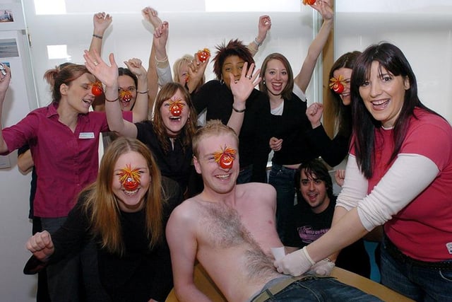 Chris Maloney getting his chest waxed for Comic Relief at Soundhouse Media, Napier Street, Sheffield, Friday, March 11, 2005