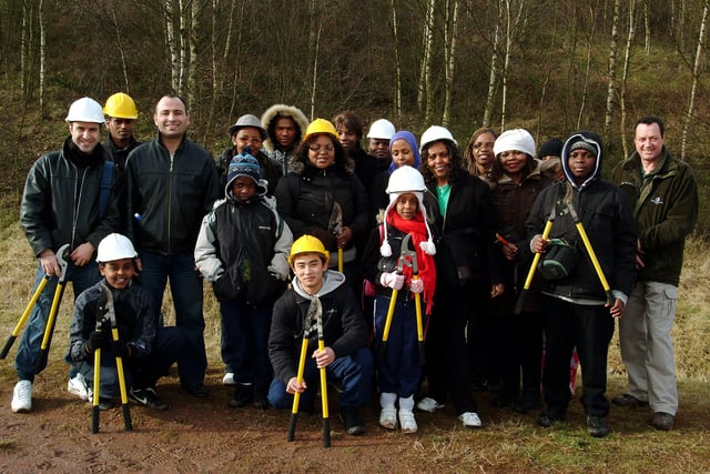 Members of the Sheffield Black and Ethnic Minority Enviromental Network took part in a project to encourage more people from ethnic minorities to enjoy open spaces.  They helped with clearing woodland at Kiveton Park to allow wild flowers to grow, with tuition from the Forestry Commisions Dougie MacTaggart in 2009