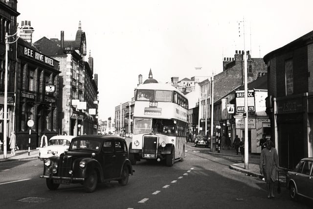 The No 252 Crookes bus makes its way up West Street, Sheffield, in 1965
