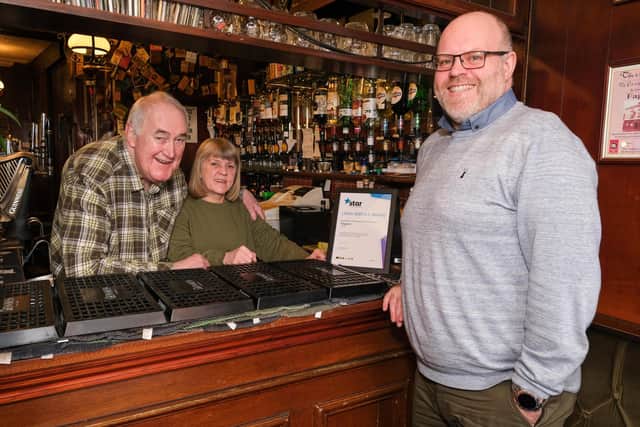 Licensees, Tom and Barbara Boulding, at Fagan's in Sheffield celebrate 37 years at the pub with Area manager, Anthony Lowther Knowles.