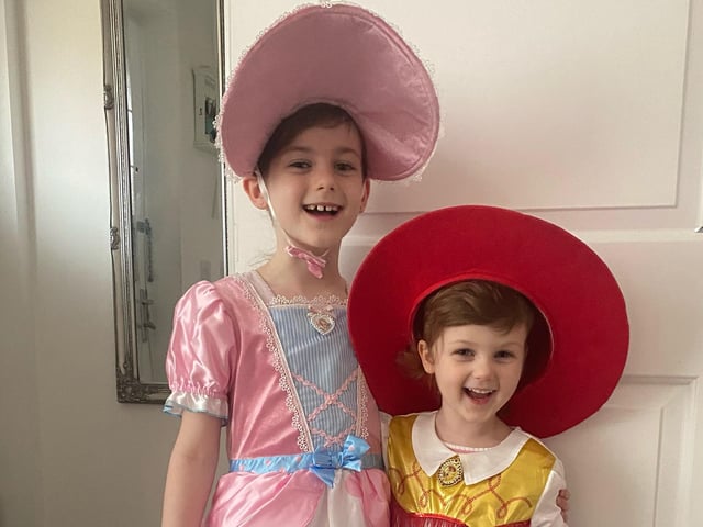 Phoebe, 7, and Felicity, 4, from Waterlooville dressed as Bo Peep and Jessie from Toy Story for World Book Day