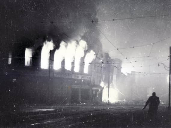 The Redgates shop in Sheffield on fire in December 1940. 