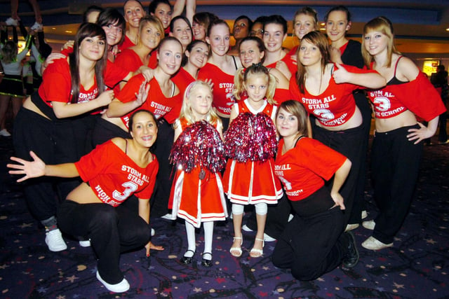 Lauren Wright and Macey Loxley with cheerleaders at the High School Musical premiere at Valley Centertainment, Sheffield,
