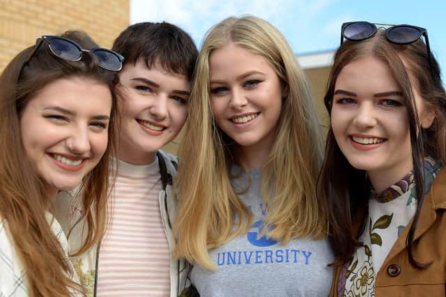 Kim Foreman, Olivia Ward, Imogen Joy and Emily Ward from English Martyrs School and Sixth Form College are pictured after receiving their A Level results in 2016.