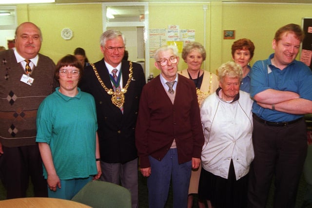 Pictured at Norfolk Lodge, Park Grange Road, Sheffield, where Mencap held their summer Garden Party in 1998. Seen is the Lord  and Lady Mayoress Frank and Freda White who opened the party, with Betty Battle the general manager, and Paul Hooton Chairman of Sheffield Mencap with visitors to the party.