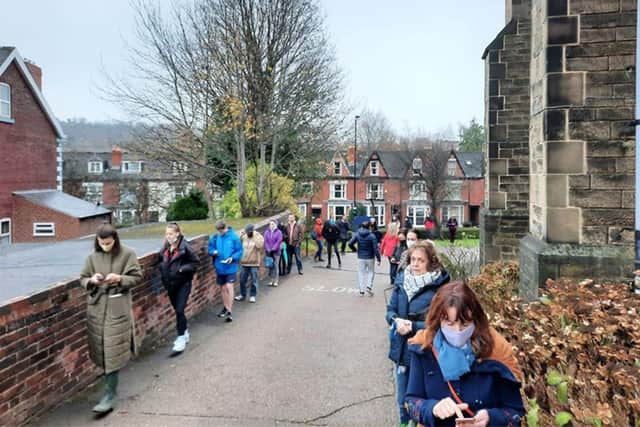 Booster vaccination queues at St Peter & St Oswald's Church on Abbeydale Road