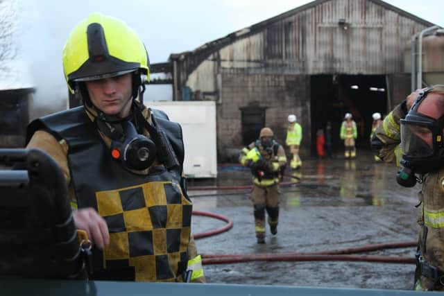 Firefighters pictured at the barn fire at Thurgoland, near Stocksbridge, Sheffield where 1,000 turkeys were saved from the blaze by the actions of firefighters and the farmer after it had caught light