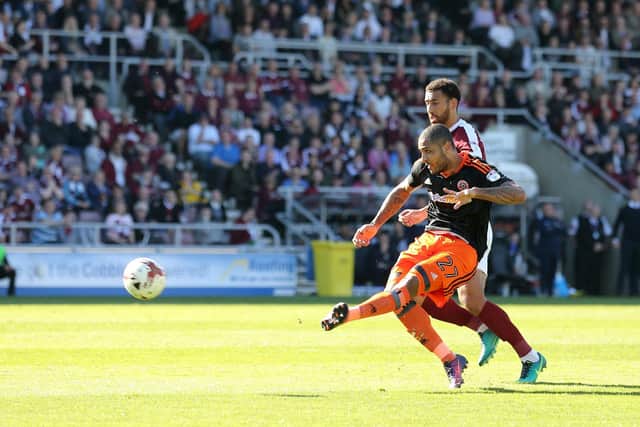 Sheffield United's Leon Clarke scoring his side's opening goal at Northampton. Pic David Klein/Sportimage