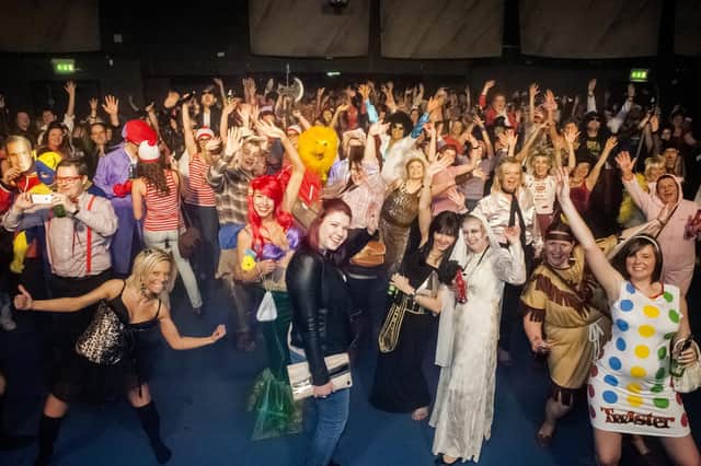 A picture of the crowd at The Hubs, Hallam Union, Paternoster Row plays host to Sheffield's biggest Fancy Dress Ball in April 2013. More than 900 people raised money for Cancer Research
