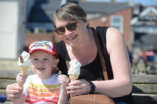 Vicky Smith and son Calan enjoying an ice cream at Seaton Carew beach.
