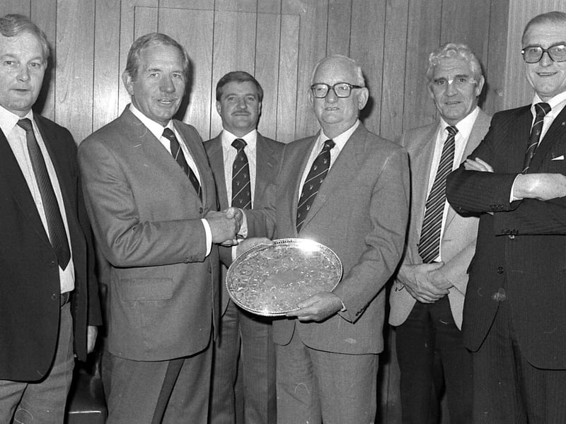A presentation to retiring Chad sports editor Stan Searl Left to right: Joe Eaton, secretary, Jack Pratt, chairman, Geoff Hall, Stan Searl. Ian Greaves, manager and John Almond.