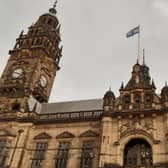 The Israel state flag flying over Sheffield Town Hall yesterday. It was later removed and replaced with a Palestine flag by protesters who climbed the building during a protest in solidarity with the people of Gaza. Picture: Julia Armstrong, LDRS