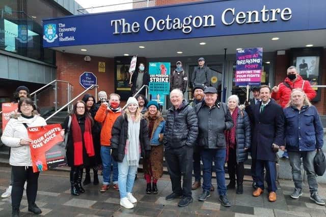 Labour councillors, along with Green councillors, refused to cross a picket line outside the Octagon building in solidarity with striking University lecturers.