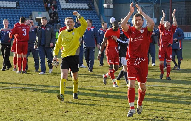 Grant Murray leads the charge towards the travelling support at full-time - Raith Rovers against Dundee FC at Dens Park, Dundee in the Active Nation Scottish Cup, March 13, 2010