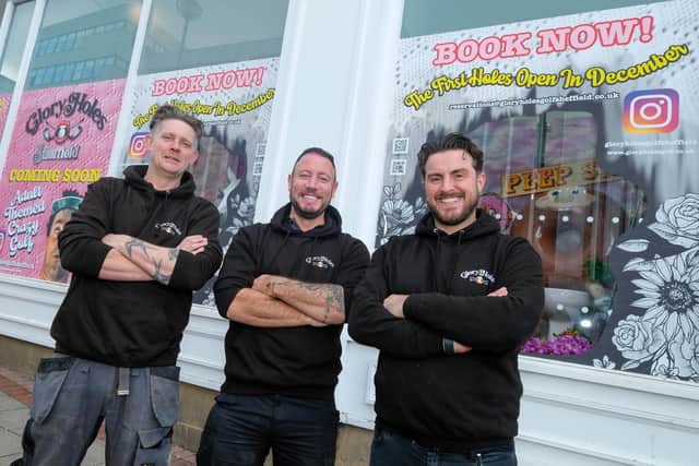 GloryHoles golf prepares to open on High Street in Sheffield city centre. Pictured: David Hood, Daniel Brown and Drew Hewitt.