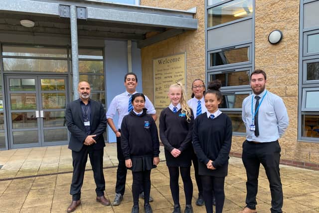 Back row left to right: Munif Zia (Principal) students, Aaron Russell and Leonie Powell, Lee Vestey (Head of Y11). Front row from left to right: Students Mahrosh Ahmad, Louise Stone and Inaaya Hudson.