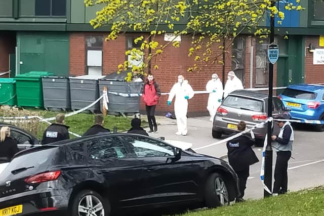 CSI officers on Callow Drive, Gleadless Valley, Sheffield, after a man was shot dead yesterday (Photo: Alastair Ulke)