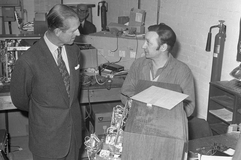 Prince Philip stops for a chat with Mr Wally Urwin, a repair mechanic with  British Relay Television on the Crowther Estate nursery unit at Washington.