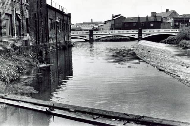 A view of Ball Street Bridge in Kelham Island, Sheffield, with three cast iron spans, in 1974